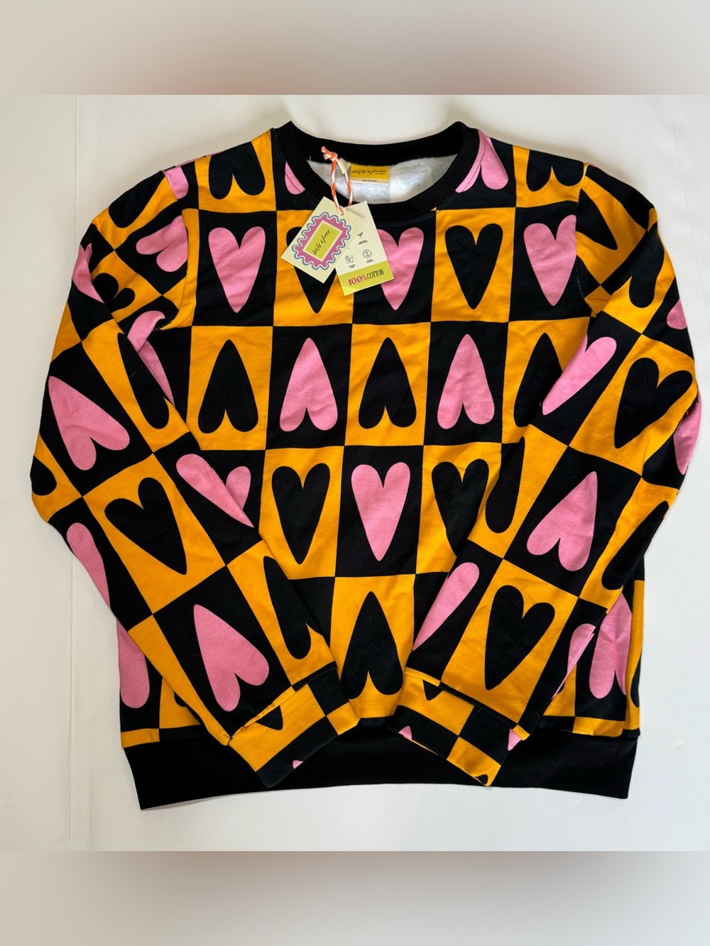 Wild & Pree Sweetheart Plaid Cotton Sweatshirt NWT Black Orange Pink Hearts XS